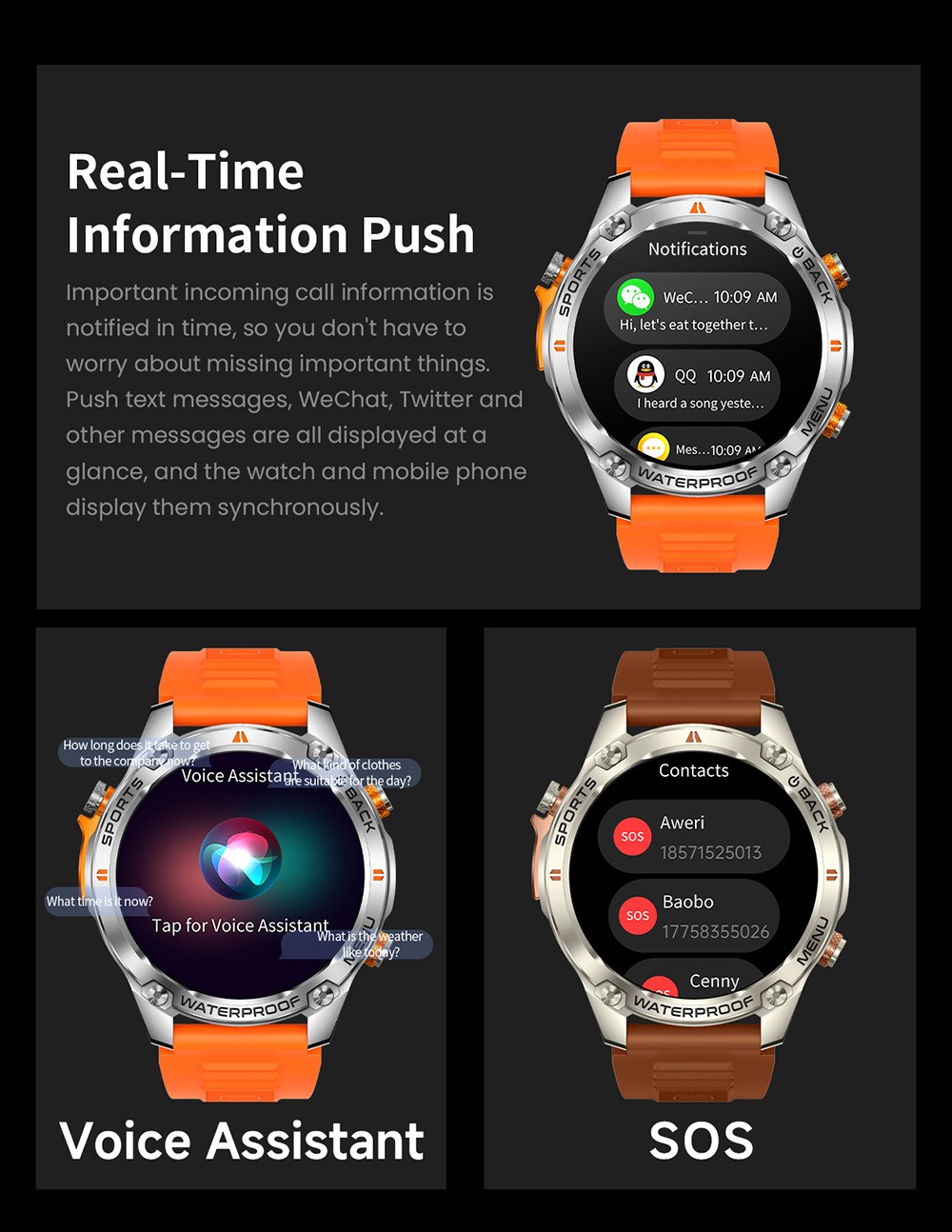 SENBONO G100 Smartwatch, DIY Video Watch Dial, 5ATM Waterproof, Health Monitoring, Bluetooth Calling, GPS Positioning, 100+ Sport Modes - Black Blue