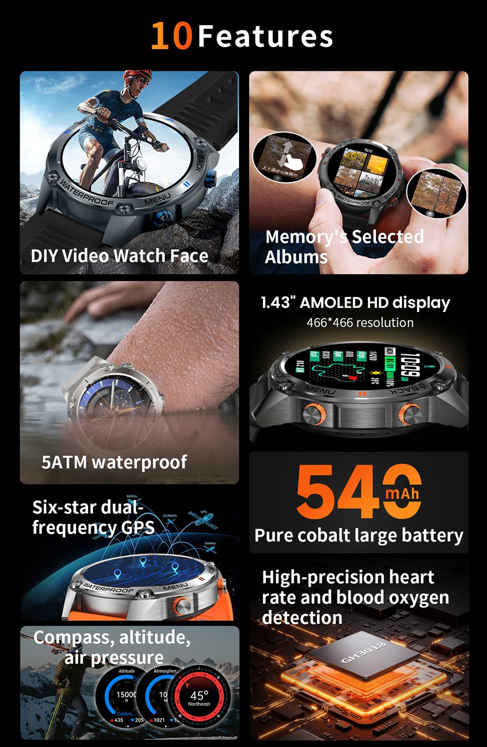 SENBONO G100 Smartwatch, DIY Video Watch Dial, 5ATM Waterproof, Health Monitoring, Bluetooth Calling, GPS Positioning, 100+ Sport Modes - Black Orange