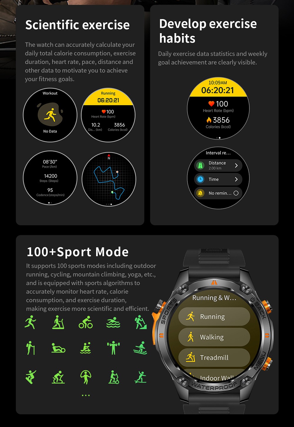 SENBONO G100 Smartwatch, DIY Video Watch Dial, 5ATM Waterproof, Health Monitoring, Bluetooth Calling, GPS Positioning, 100+ Sport Modes - Black Orange