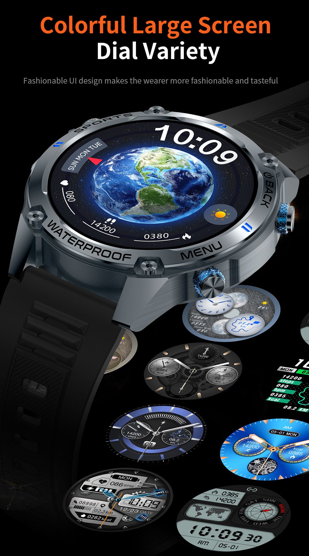 SENBONO G100 Smartwatch, DIY Video Watch Dial, 5ATM Waterproof, Health Monitoring, Bluetooth Calling, GPS Positioning, 100+ Sport Modes - Black Orange