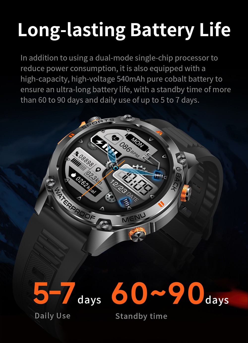 SENBONO G100 Smartwatch, DIY Video Watch Dial, 5ATM Waterproof, Health Monitoring, Bluetooth Calling, GPS Positioning, 100+ Sport Modes - Black Orange