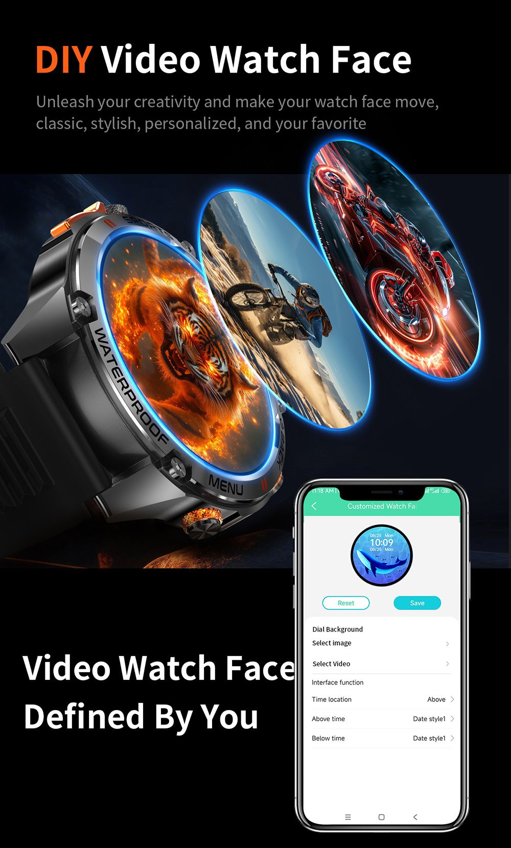 SENBONO G100 Smartwatch, DIY Video Watch Dial, 5ATM Waterproof, Health Monitoring, Bluetooth Calling, GPS Positioning, 100+ Sport Modes - Black Orange