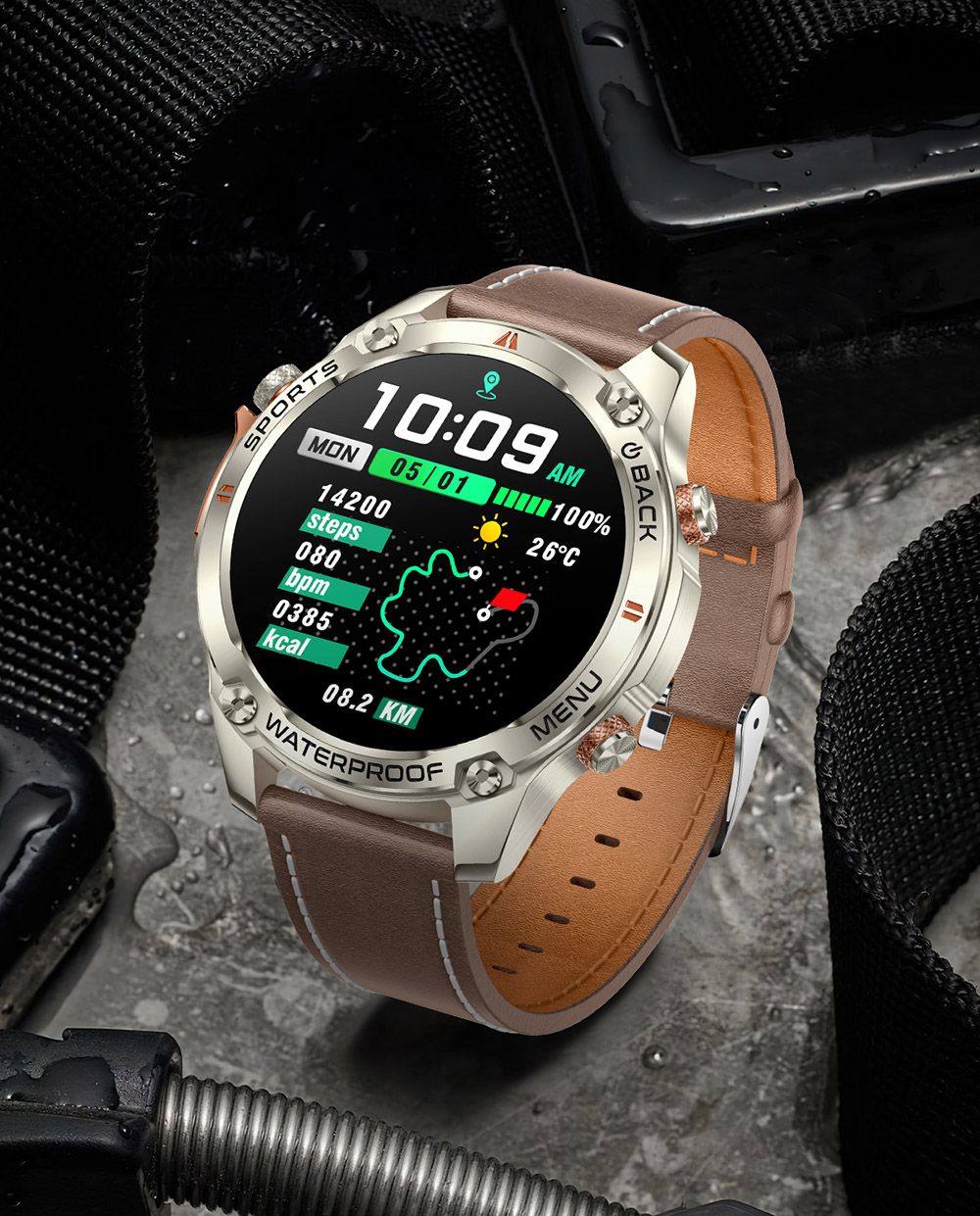 SENBONO G100 Smartwatch, DIY Video Watch Dial, 5ATM Waterproof, Health Monitoring, Bluetooth Calling, GPS Positioning, 100+ Sport Modes - Silver Brown