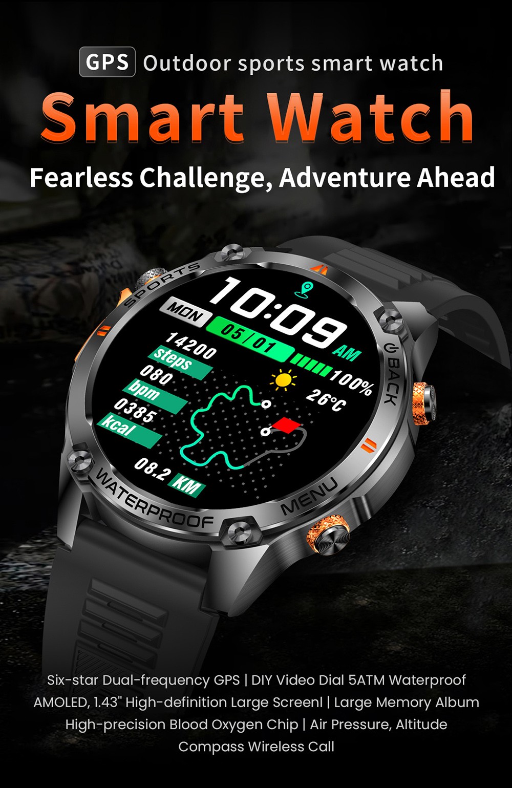 SENBONO G100 Smartwatch, DIY Video Watch Dial, 5ATM Waterproof, Health Monitoring, Bluetooth Calling, GPS Positioning, 100+ Sport Modes - Silver Orange