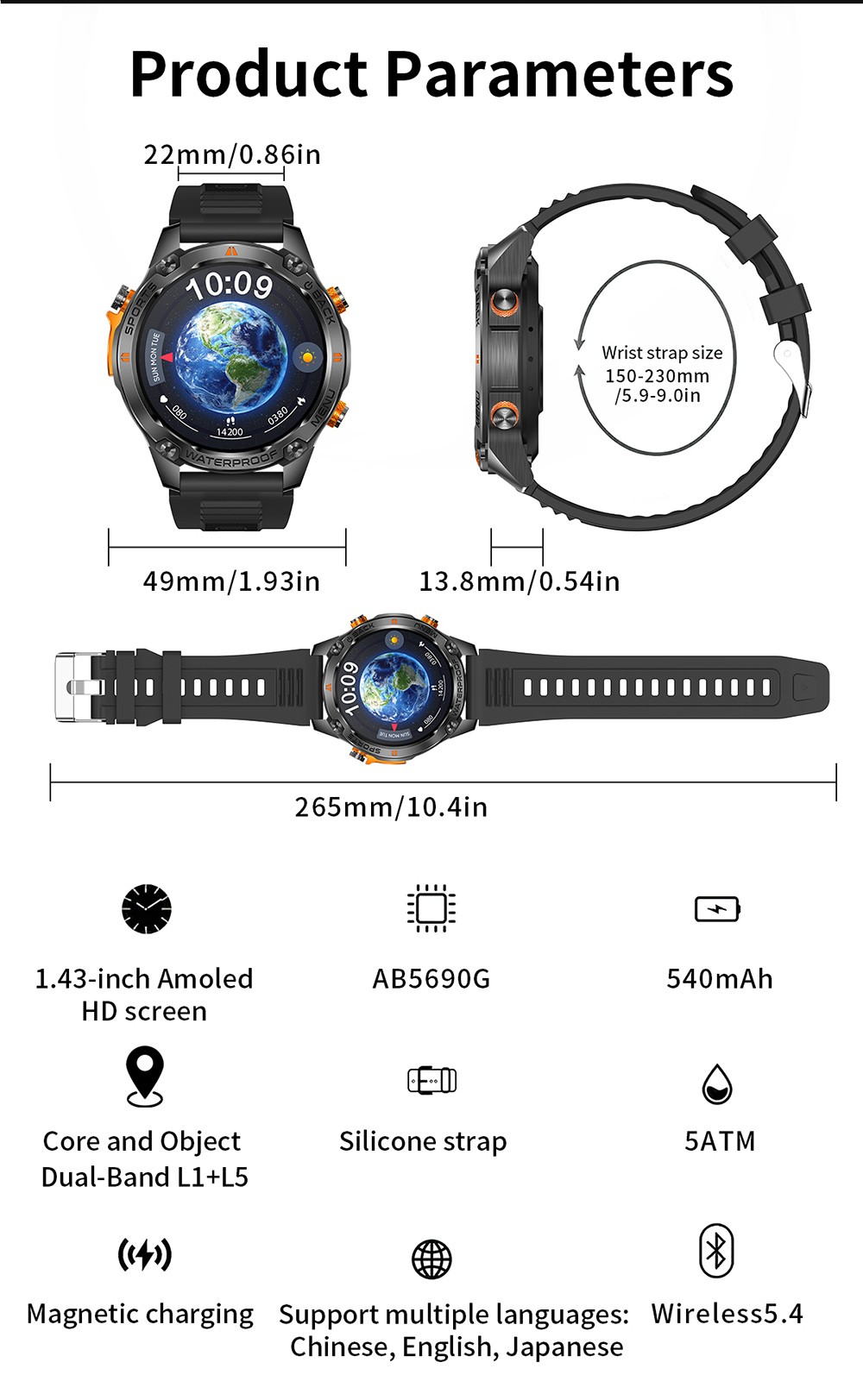 SENBONO G100 Smartwatch, DIY Video Watch Dial, 5ATM Waterproof, Health Monitoring, Bluetooth Calling, GPS Positioning, 100+ Sport Modes - Silver Orange