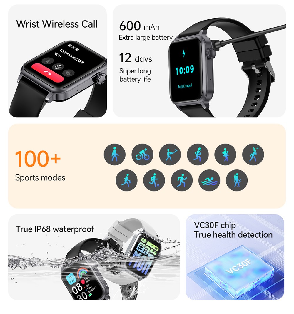 SENBONO JX633 Smartwatch, 1.83 inch Screen, IP68 Waterproof, 600mAh Battery, 100+ Sports Modes, Bluetooth Calling, Sleep Monitoring - Black