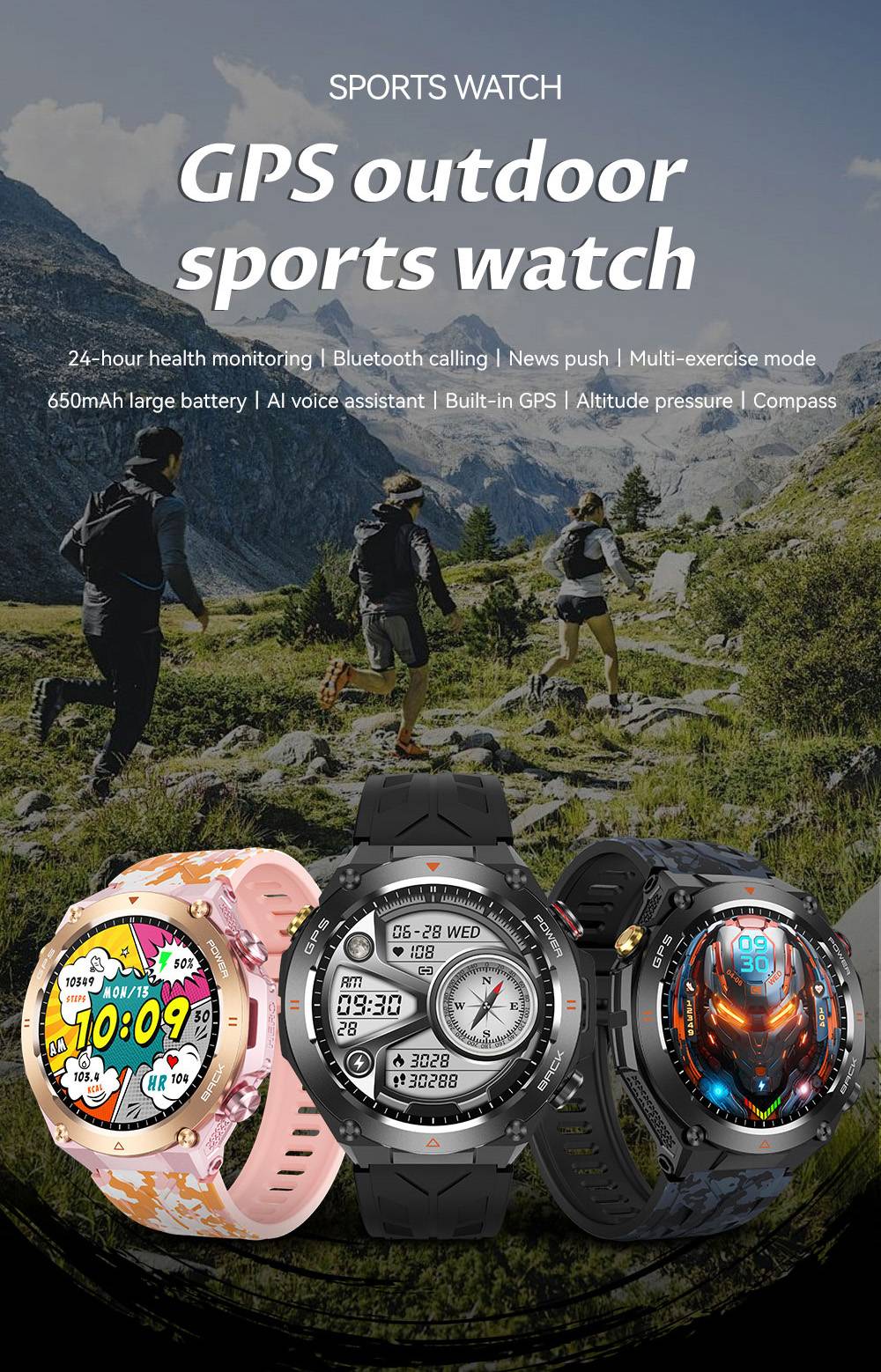 SENBONO KC82 Smartwatch, Health Monitoring, Bluetooth Calling, 100+ Sports Modes, AI Voice Assistant, Built-in GPS, 1ATM Waterproof - Black Dial