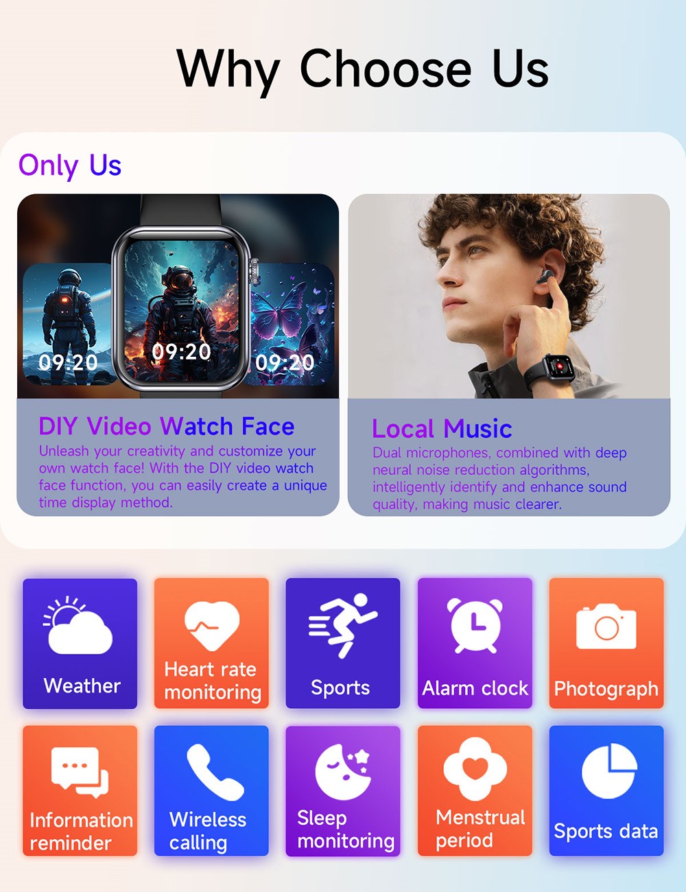 SENBONO M100 Smartwatch, Health Monitoring, DIY Video Dial, Local Music Play, 100+ Sport Modes - Black