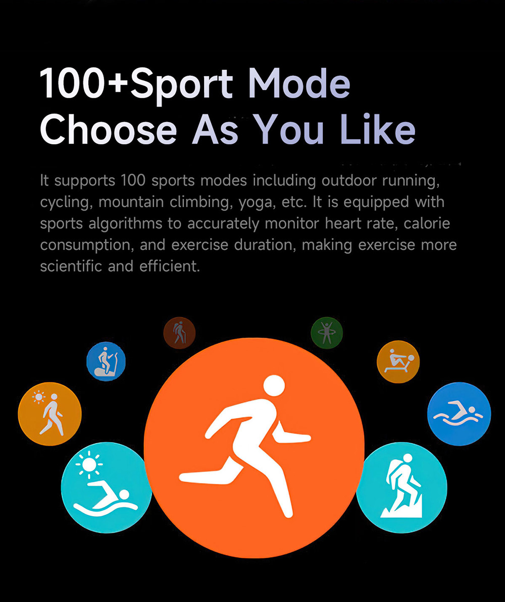 SENBONO M100 Smartwatch, Health Monitoring, DIY Video Dial, Local Music Play, 100+ Sport Modes - Black