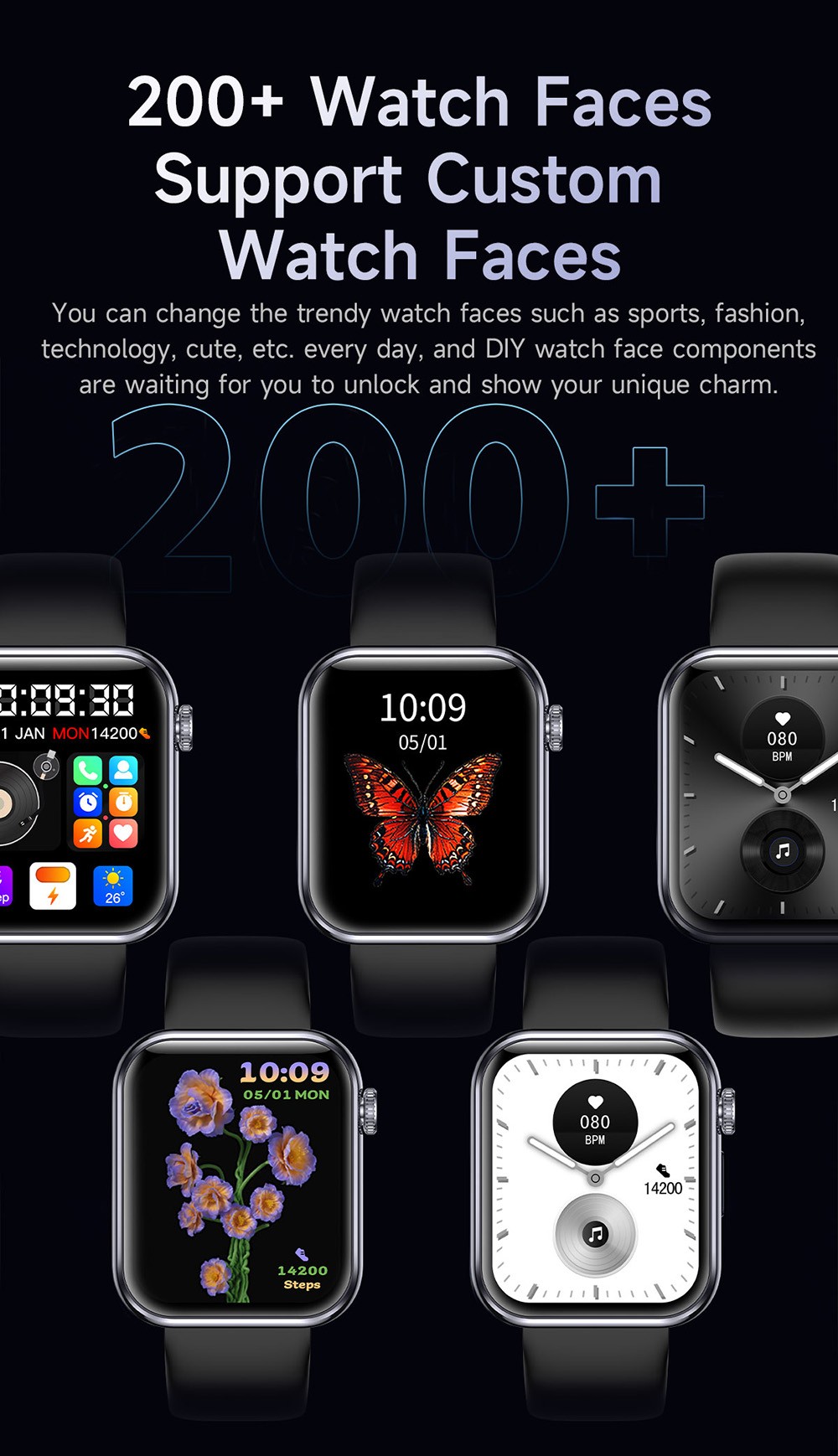 SENBONO M100 Smartwatch, Health Monitoring, DIY Video Dial, Local Music Play, 100+ Sport Modes - Black