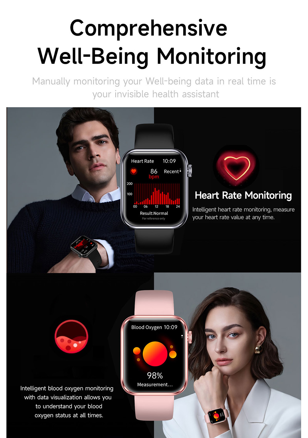 SENBONO M100 Smartwatch, Health Monitoring, DIY Video Dial, Local Music Play, 100+ Sport Modes - Black