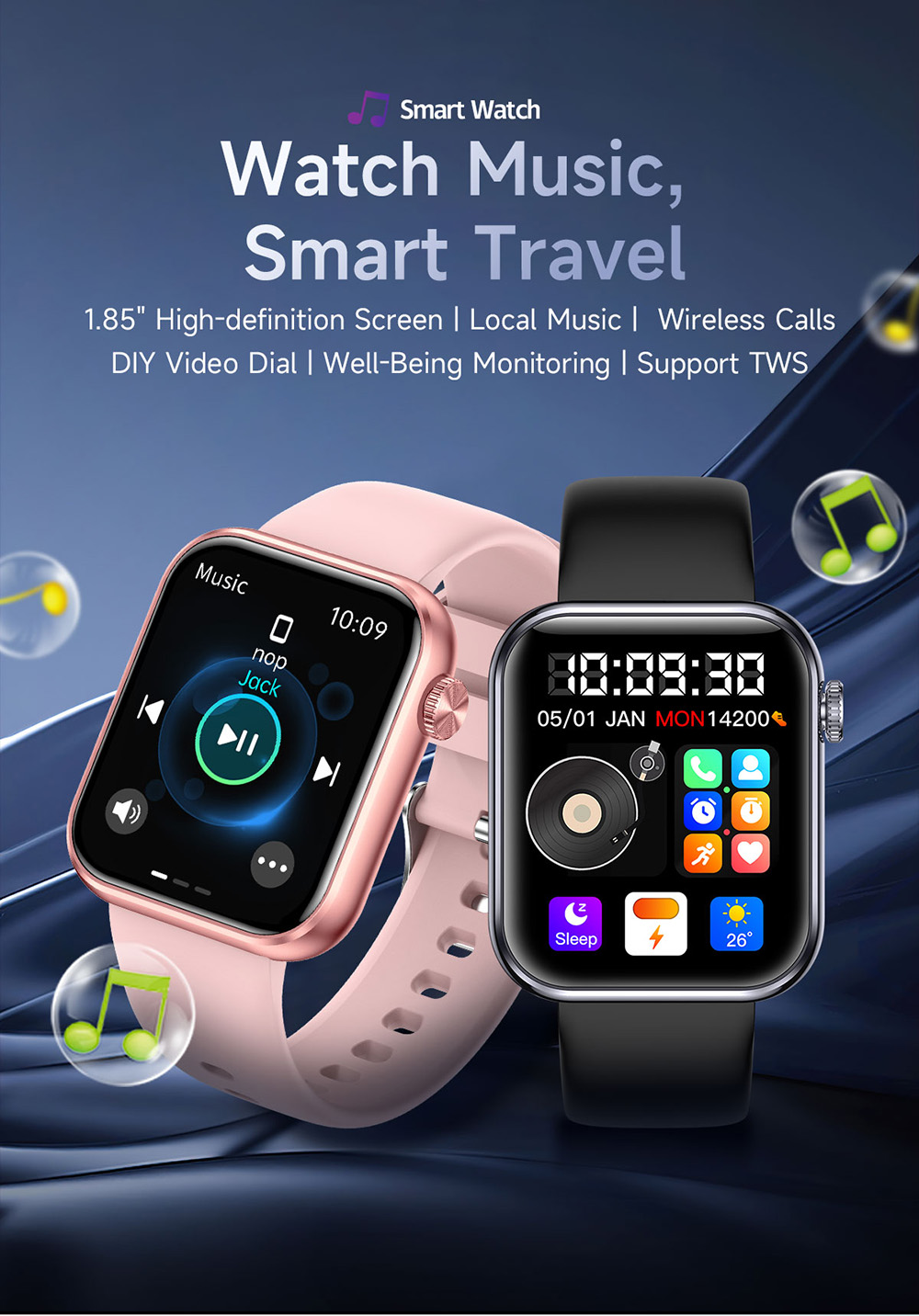SENBONO M100 Smartwatch, Health Monitoring, DIY Video Dial, Local Music Play, 100+ Sport Modes - Pink