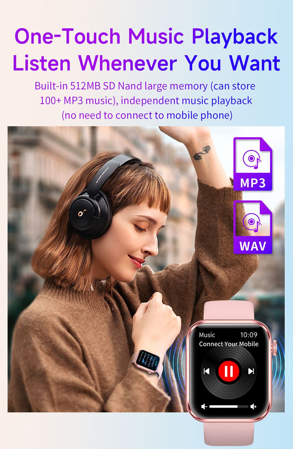 SENBONO M100 Smartwatch, Health Monitoring, DIY Video Dial, Local Music Play, 100+ Sport Modes - Pink