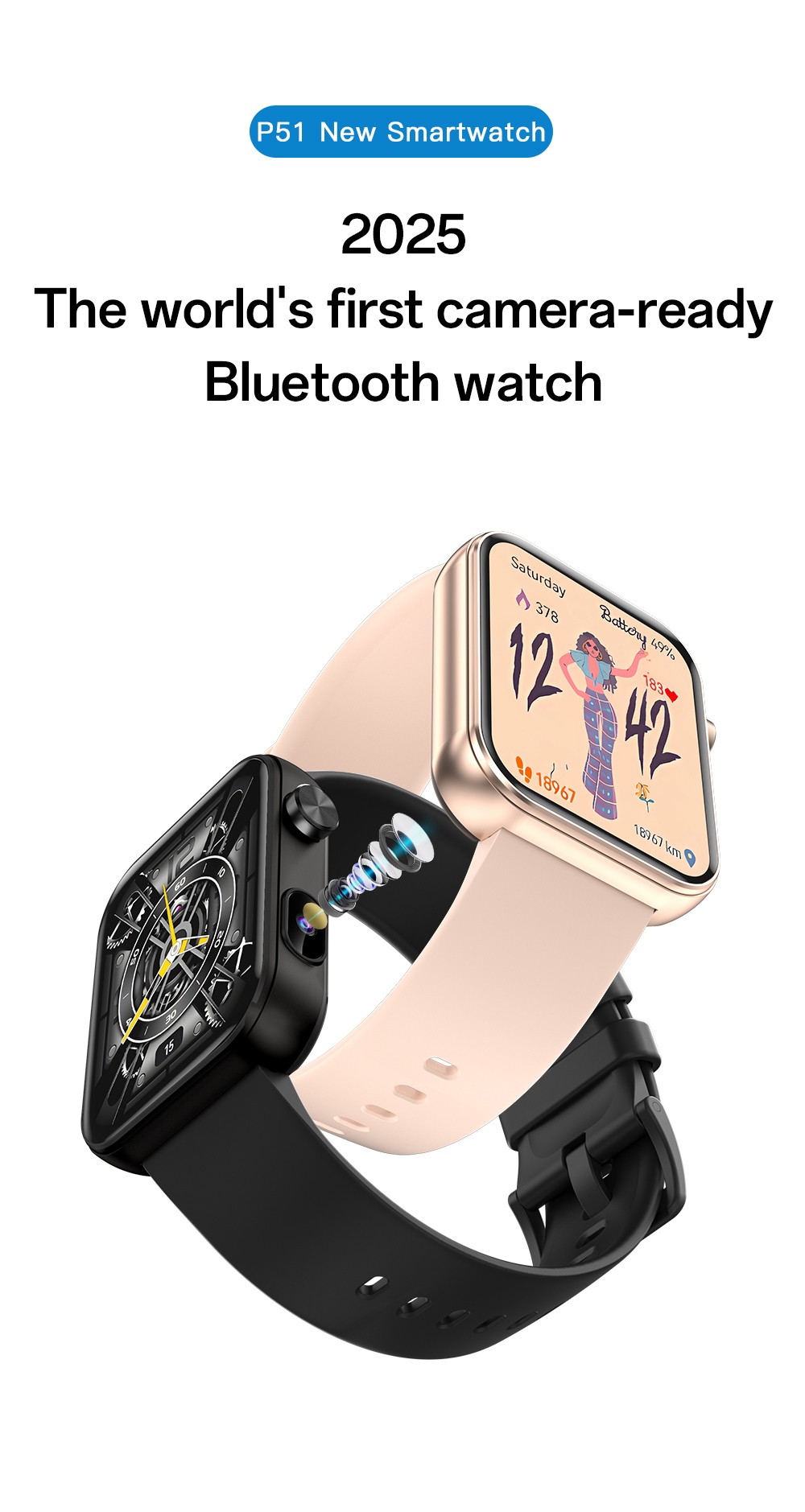 SENBONO P51 Smartwatch, 1.91 inch Screen, Bluetooth Calling, Health Monitoring, Photo & Video Taking - Golden