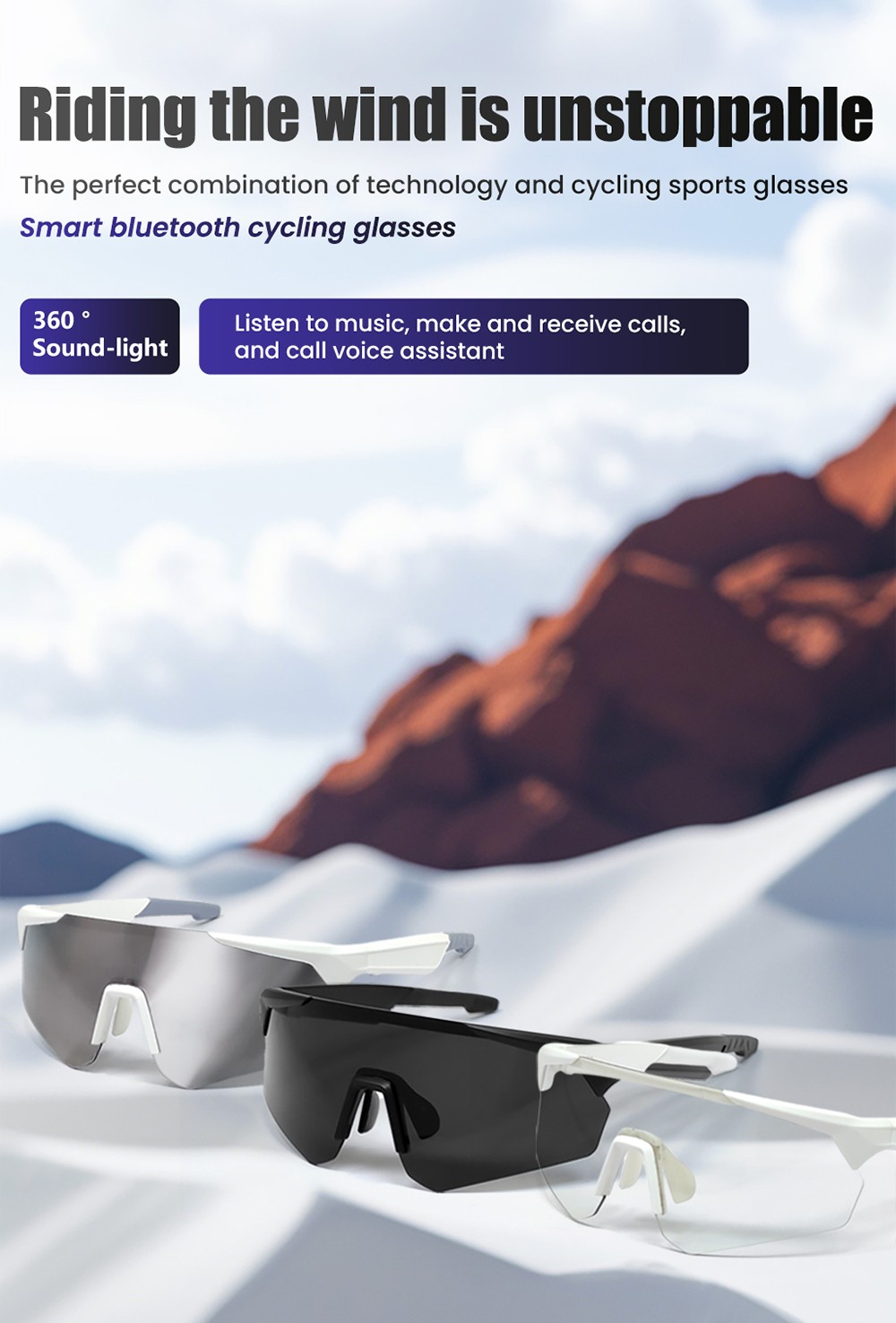 SENBONO QYpro 2 Intelligent Bluetooth Cycling Sunglasses, 6 Hours Battery Life, Al Intelligent Voice Assistant - White Grey