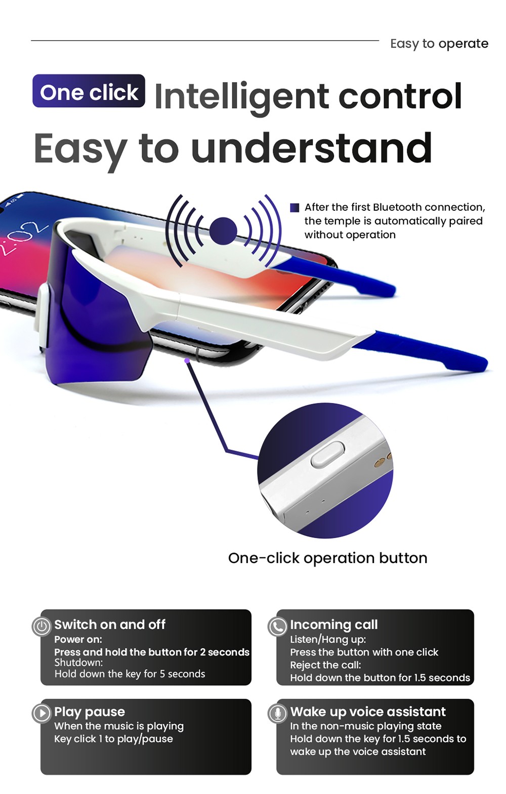 SENBONO QYpro 2 Intelligent Bluetooth Cycling Sunglasses, 6 Hours Battery Life, Al Intelligent Voice Assistant - White Grey