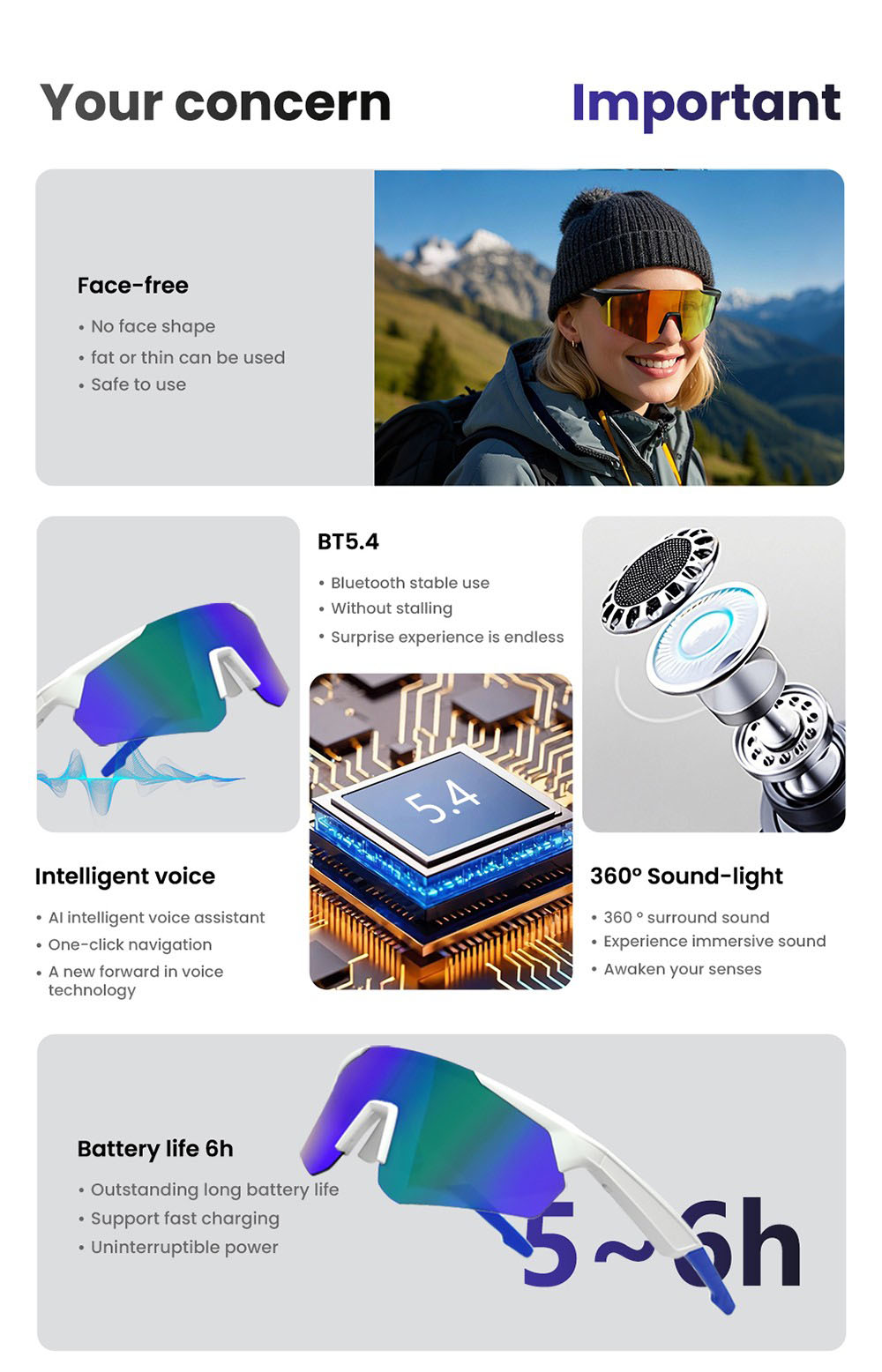 SENBONO QYpro 2 Intelligent Bluetooth Cycling Sunglasses, 6 Hours Battery Life, Al Intelligent Voice Assistant - White Grey