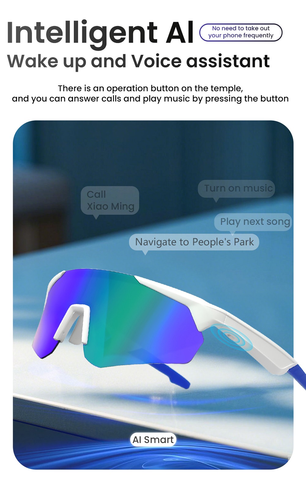 SENBONO QYpro 2 Intelligent Bluetooth Cycling Sunglasses, 6 Hours Battery Life, Al Intelligent Voice Assistant - White Grey