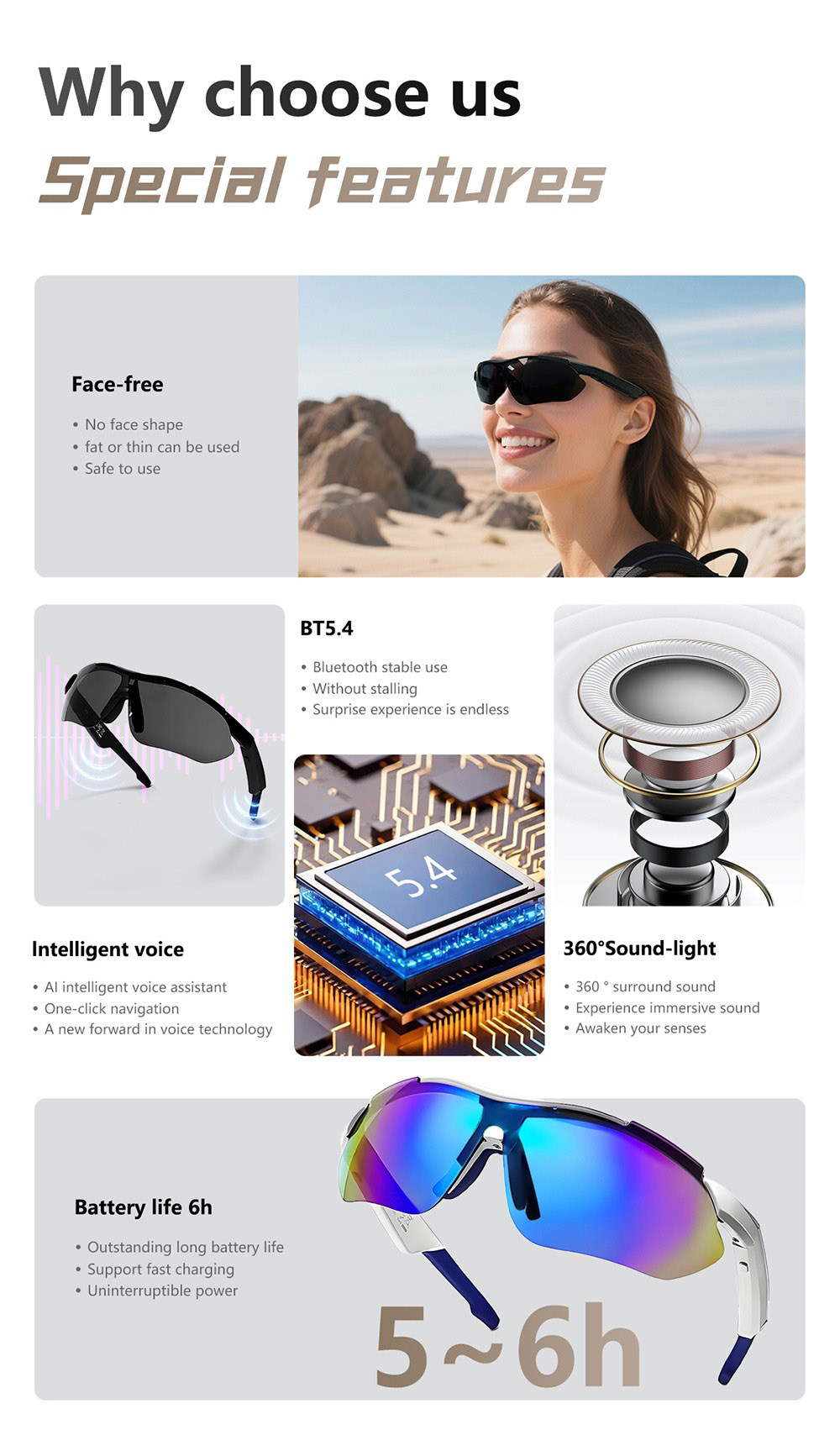 SENBONO QYpro 3 Intelligent Bluetooth Cycling Sunglasses, 6 Hours Battery Life, AI Voice Assistant, One-click Control - White Blue