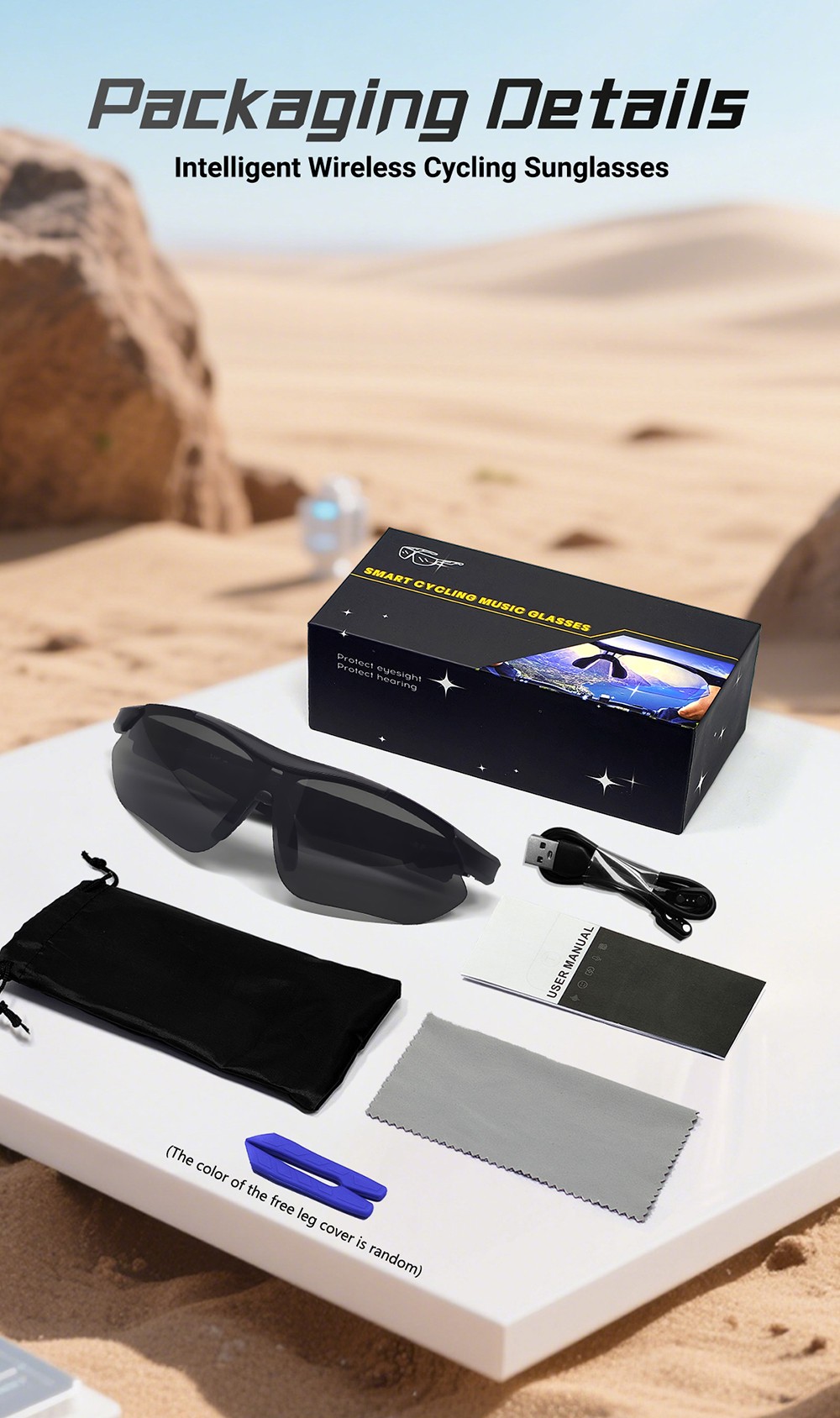 SENBONO QYpro 3 Intelligent Bluetooth Cycling Sunglasses, 6 Hours Battery Life, AI Voice Assistant, One-click Control - White Blue