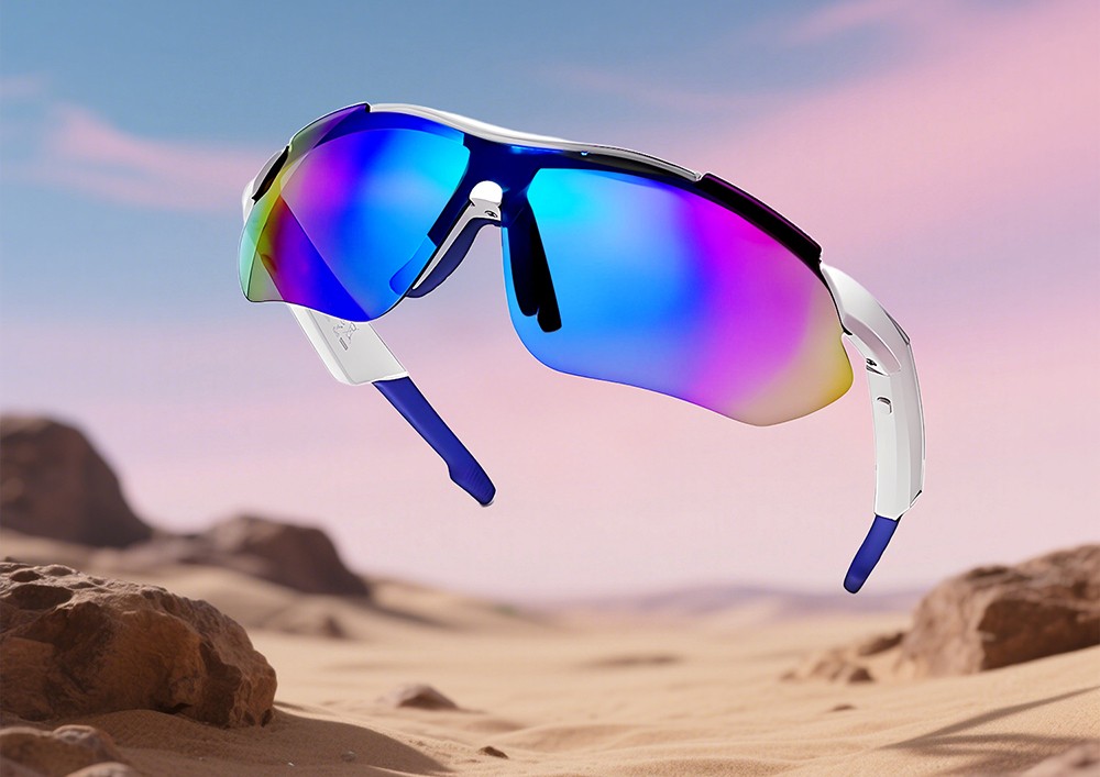 SENBONO QYpro 3 Intelligent Bluetooth Cycling Sunglasses, 6 Hours Battery Life, AI Voice Assistant, One-click Control - White Blue