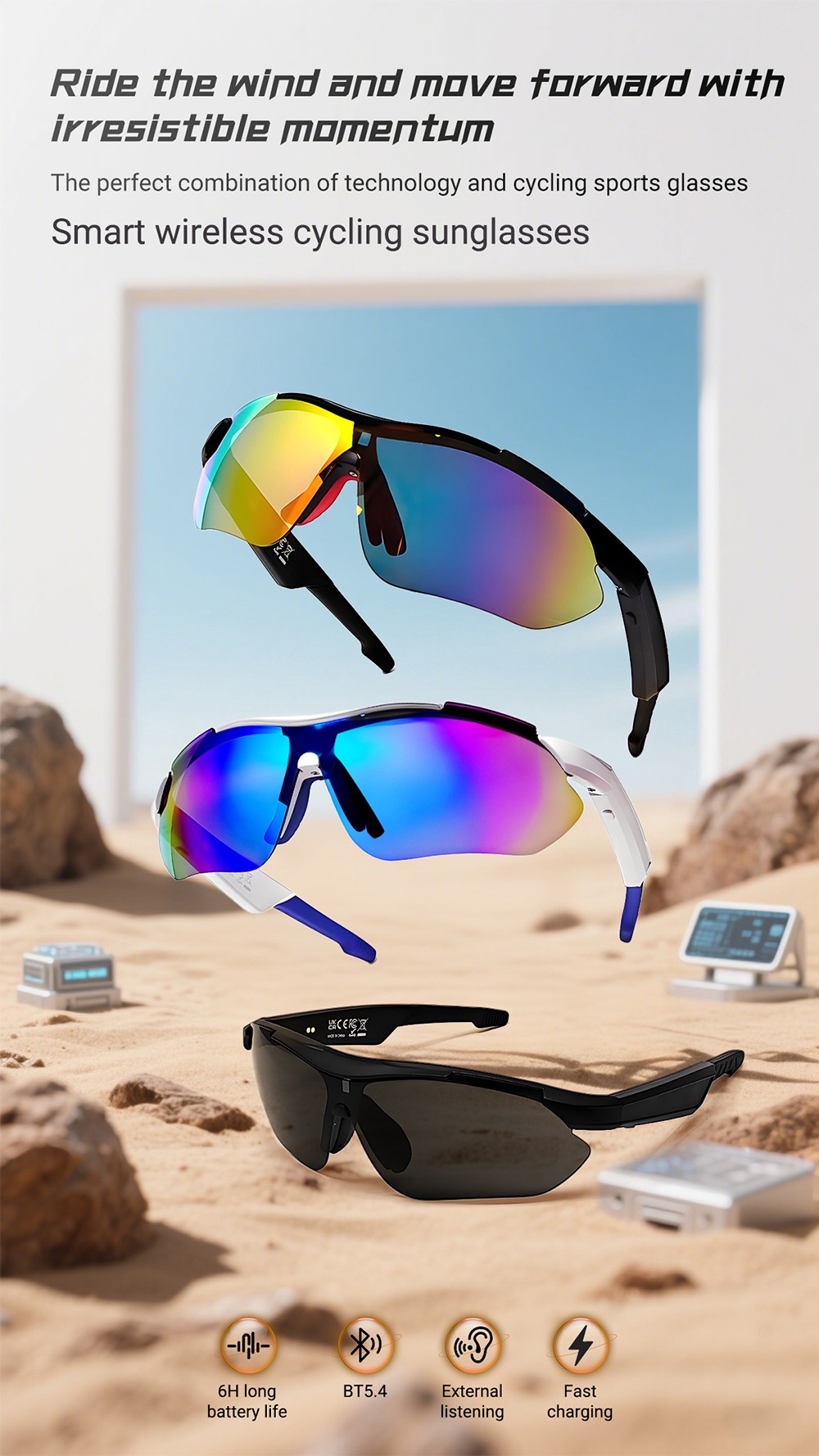 SENBONO QYpro 3 Intelligent Bluetooth Cycling Sunglasses, 6 Hours Battery Life, AI Voice Assistant, One-click Control - White Blue