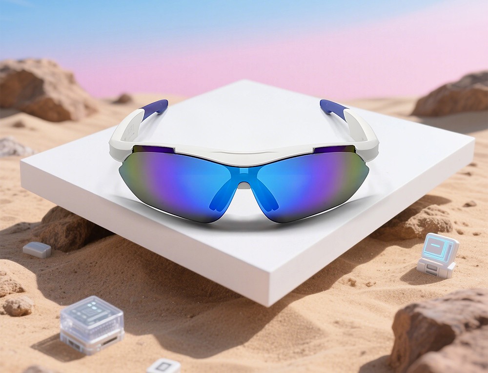 SENBONO QYpro 3 Intelligent Bluetooth Cycling Sunglasses, 6 Hours Battery Life, AI Voice Assistant, One-click Control - White Blue