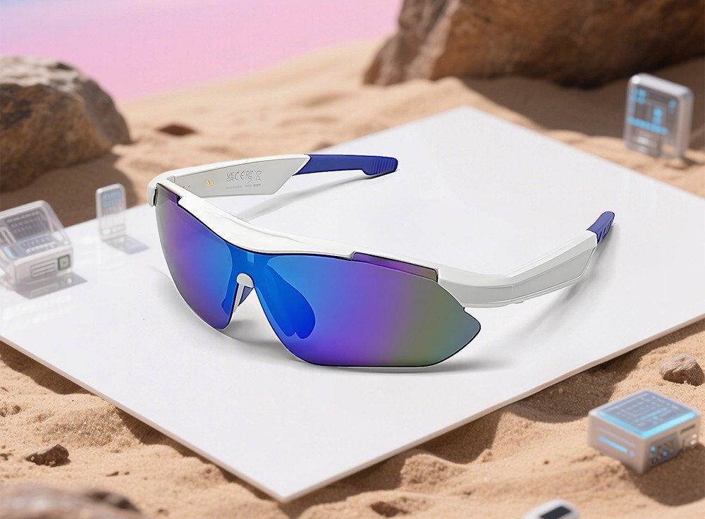 SENBONO QYpro 3 Intelligent Bluetooth Cycling Sunglasses, 6 Hours Battery Life, AI Voice Assistant, One-click Control - White Blue