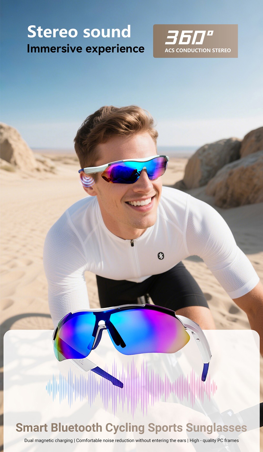 SENBONO QYpro 3 Intelligent Bluetooth Cycling Sunglasses, 6 Hours Battery Life, AI Voice Assistant, One-click Control - White Blue
