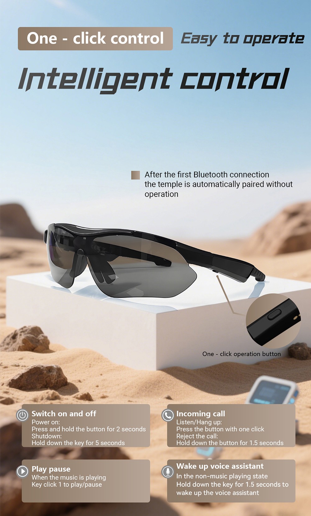 SENBONO QYpro 3 Intelligent Bluetooth Cycling Sunglasses, 6 Hours Battery Life, AI Voice Assistant, One-click Control - White Blue