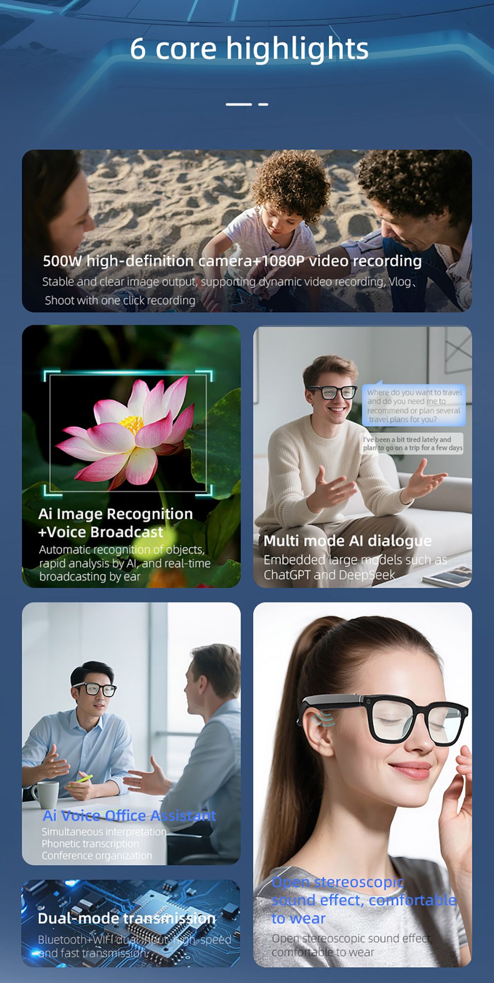 SENBONO V03 Smart Glasses, Al Assistant, HD Image Shooting, ENC Intelligent Noise Reduction Calling