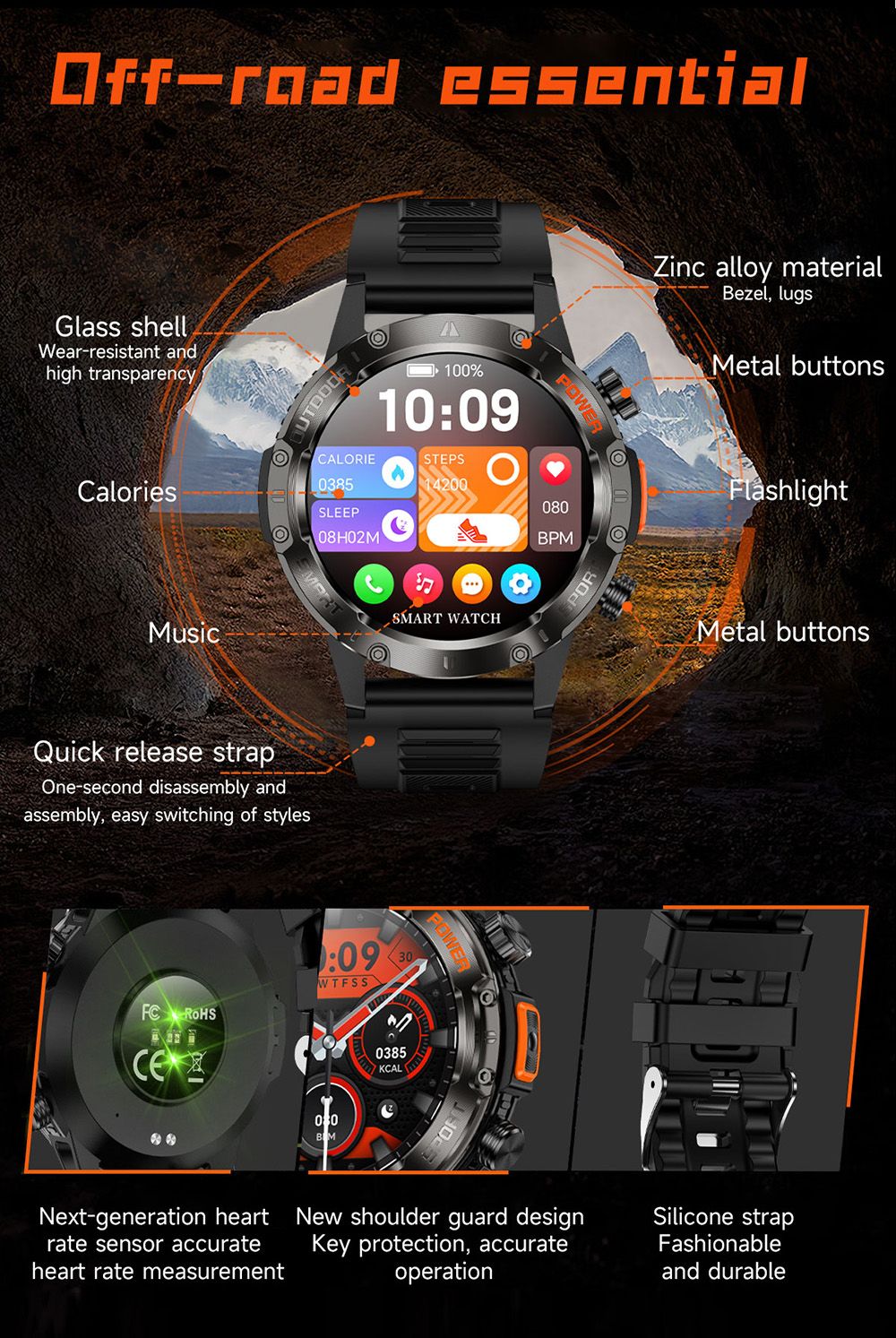SENBONO V37Z Smartwatch, DIY Video Watch Dial, 100+ Sports Modes, Health Monitoring, Bluetooth Calling, IP68 Waterproof - Black