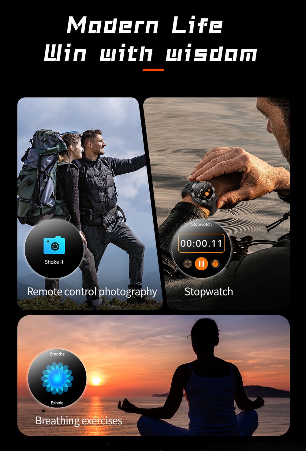 SENBONO V37Z Smartwatch, DIY Video Watch Dial, 100+ Sports Modes, Health Monitoring, Bluetooth Calling, IP68 Waterproof - Camouflage