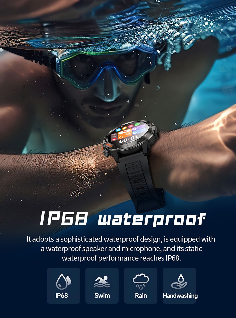 SENBONO V37Z Smartwatch, DIY Video Watch Dial, 100+ Sports Modes, Health Monitoring, Bluetooth Calling, IP68 Waterproof - Camouflage