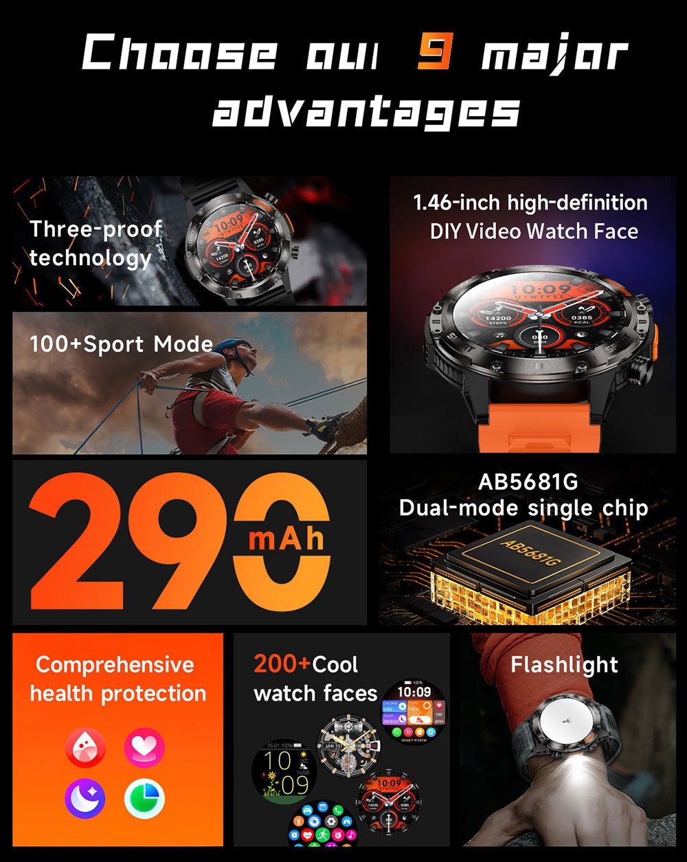 SENBONO V37Z Smartwatch, DIY Video Watch Dial, 100+ Sports Modes, Health Monitoring, Bluetooth Calling, IP68 Waterproof - Orange