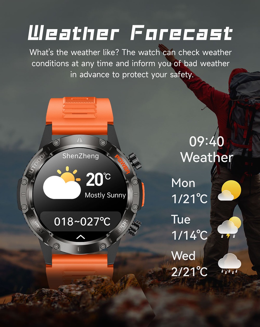 SENBONO V37Z Smartwatch, DIY Video Watch Dial, 100+ Sports Modes, Health Monitoring, Bluetooth Calling, IP68 Waterproof - Orange