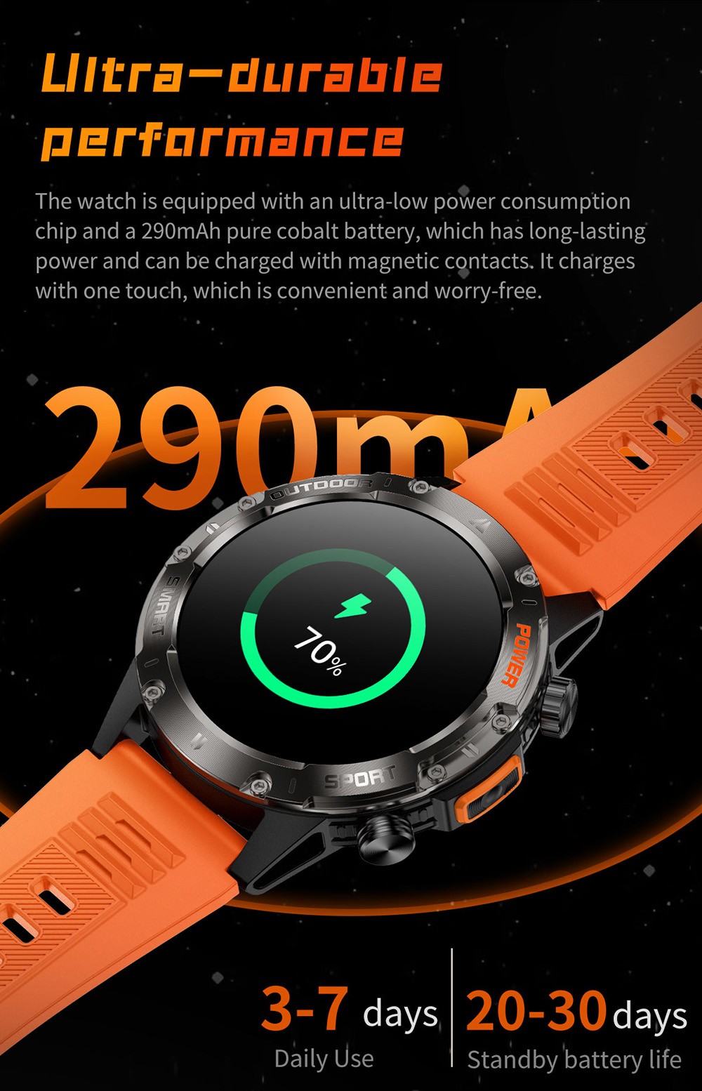 SENBONO V37Z Smartwatch, DIY Video Watch Dial, 100+ Sports Modes, Health Monitoring, Bluetooth Calling, IP68 Waterproof - Orange