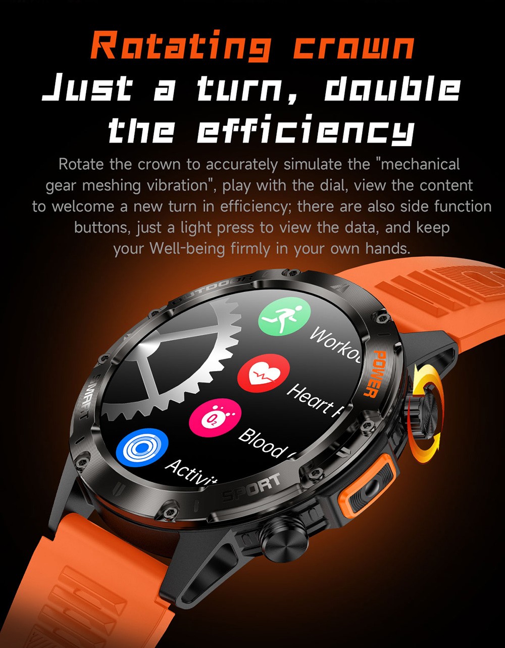 SENBONO V37Z Smartwatch, DIY Video Watch Dial, 100+ Sports Modes, Health Monitoring, Bluetooth Calling, IP68 Waterproof - Orange