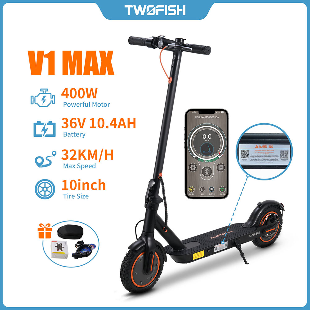 TWOFISH V1 MAX Electric Scooter, 400W Motor, 36V 10.4Ah batéria, 10 palcové pneumatiky, max. rýchlosť 32 km/h, dojazd 25 km, zadná kotúčová brzda, LCD displej