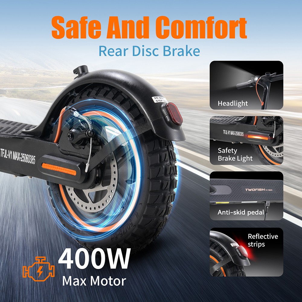 Elektrický skúter TWOFISH V1 MAX, 400W motor, 36V 10.4Ah batéria, 10 palcové pneumatiky, max. rýchlosť 32 km/h, dojazd 25 km, zadná kotúčová brzda, LCD displej