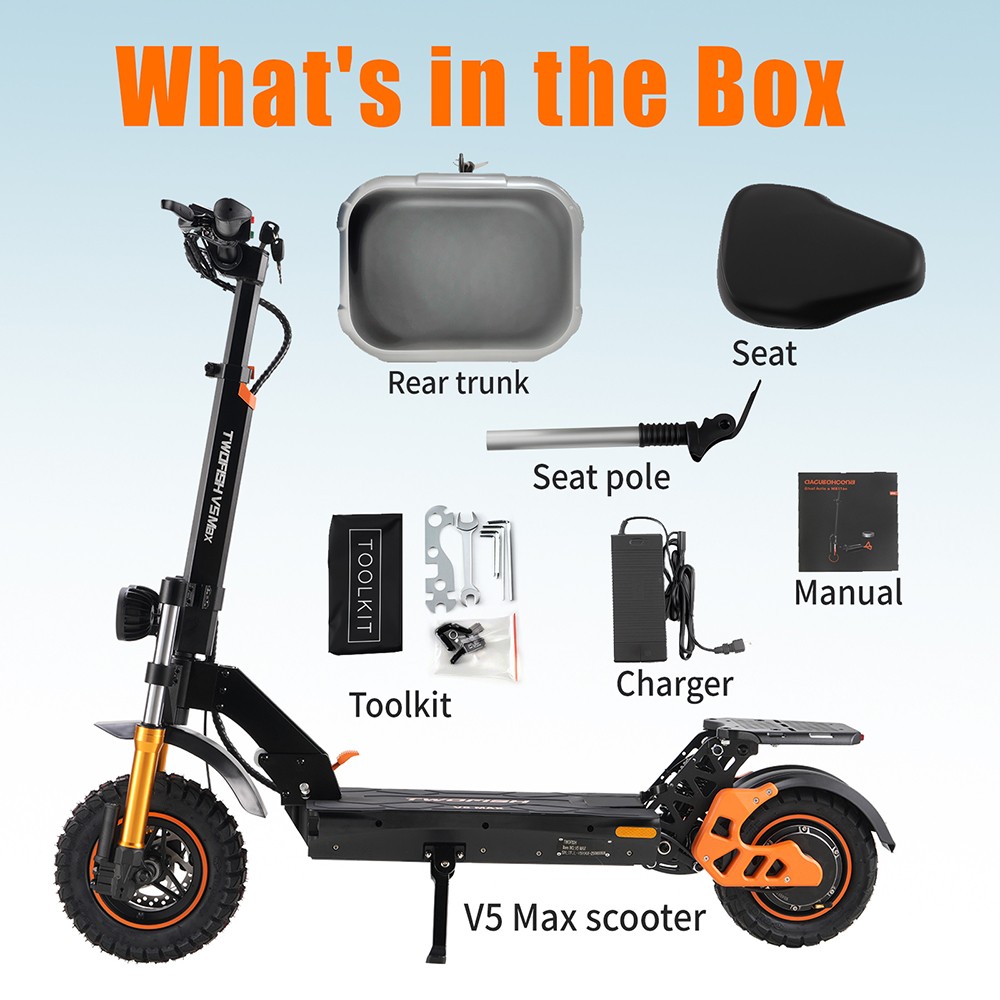 TWOFISH V5 MAX Electric Scooter with Seat, 800W Motor, 48V 18Ah Battery, Front 11 inch &; Rear 10 inch Tires, 45km/h Max Speed, 45km Range, Front &; Rear Disc Brake, Front &; Rear Dual Suspension, LCD Display