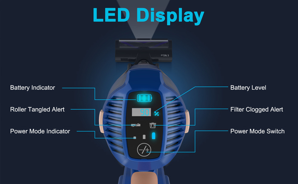 Akumulátorový tyčový vysávač UMLO V11, 300W bezkefový motor, max. sanie 30 kPa, doba prevádzky 60 min, LED displej, 0.8L nádoba na prach, montáž na stenu