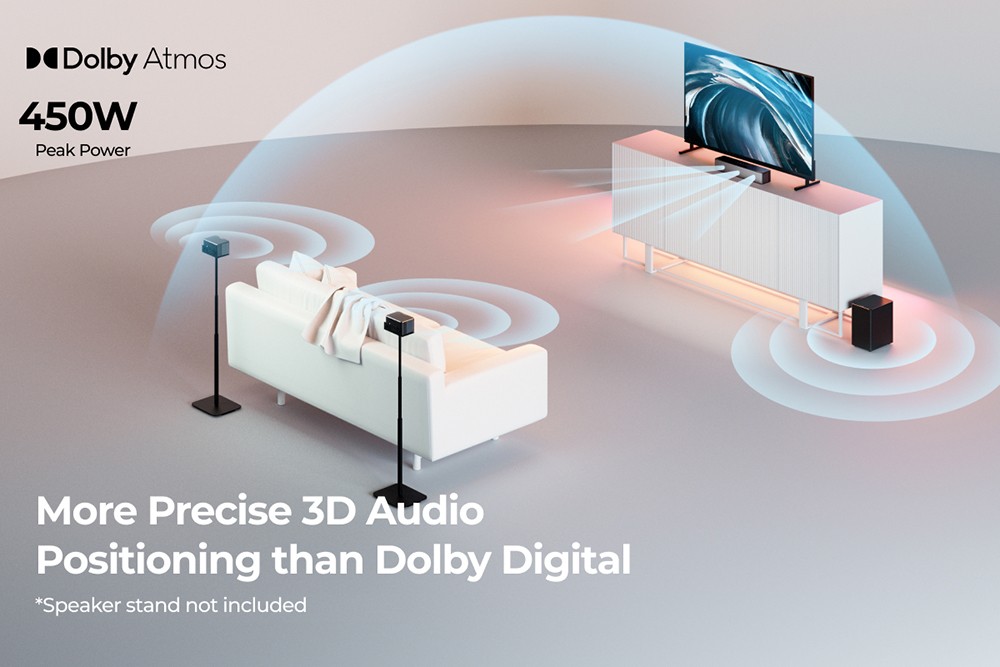 Ultimea Poseidon M4T 5.1 Soundbar + 1 pár * Steady 300 reproduktorových stojanov, Dolby Atmos, 450 W špičkový výkon, nastaviteľná úroveň Surround