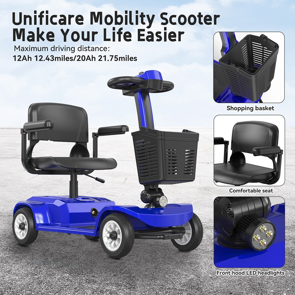 Unificare Lucas Pro Four-wheeled Scooter, 180W Motor, 24V 12Ah Battery, 8 inch Tires, 6km/h Max Speed, 20km Range, Magnetic Brake, 190kg Max Load - Blue