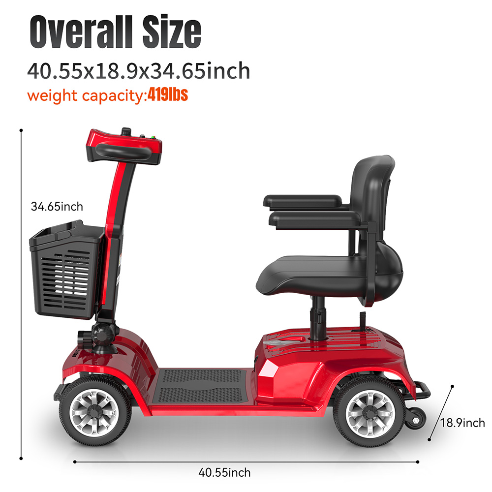 Unificare Lucas Pro štvorkolesový skúter, motor 180 W, batéria 24 V 12 Ah, 8-palcové pneumatiky, maximálna rýchlosť 6 km/h, dojazd 20 km, magnetická brzda, maximálne zaťaženie 190 kg - červená