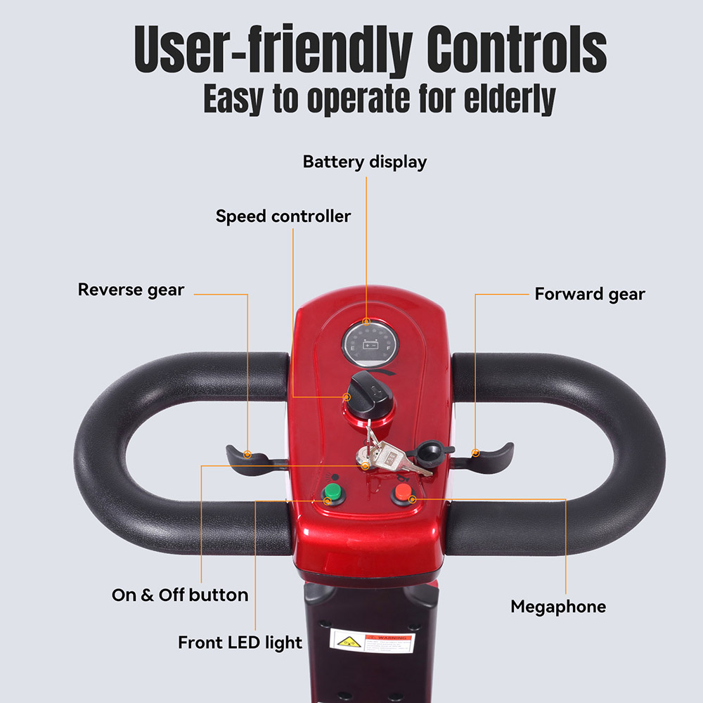 Unificare Lucas Pro štvorkolesový skúter, motor 180 W, batéria 24 V 12 Ah, 8-palcové pneumatiky, maximálna rýchlosť 6 km/h, dojazd 20 km, magnetická brzda, maximálne zaťaženie 190 kg - červená