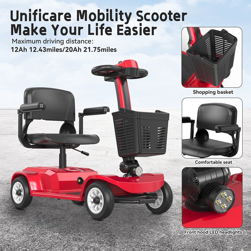 Unificare Lucas Pro štvorkolesový skúter, motor 180 W, batéria 24 V 12 Ah, 8-palcové pneumatiky, maximálna rýchlosť 6 km/h, dojazd 20 km, magnetická brzda, maximálne zaťaženie 190 kg - červená