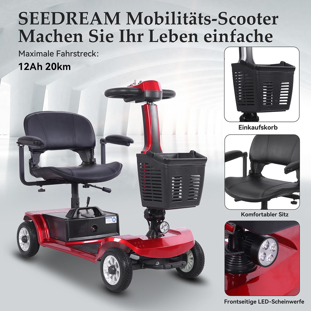 Štvorkolesový skúter Unificare Unagi, motor 250 W, batéria 24 V 12 Ah, 8-palcové pneumatiky, maximálna rýchlosť 6 km/h, dojazd 20 km, magnetická brzda, maximálne zaťaženie 190 kg - červená
