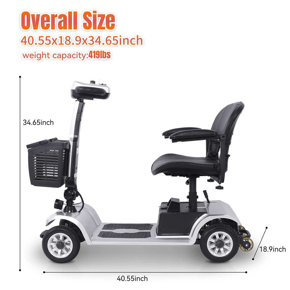 Štvorkolesový skúter Unificare Unagi, motor 250 W, batéria 24 V 12 Ah, 8-palcové pneumatiky, maximálna rýchlosť 6 km/h, dojazd 20 km, magnetická brzda, maximálne zaťaženie 190 kg - strieborný