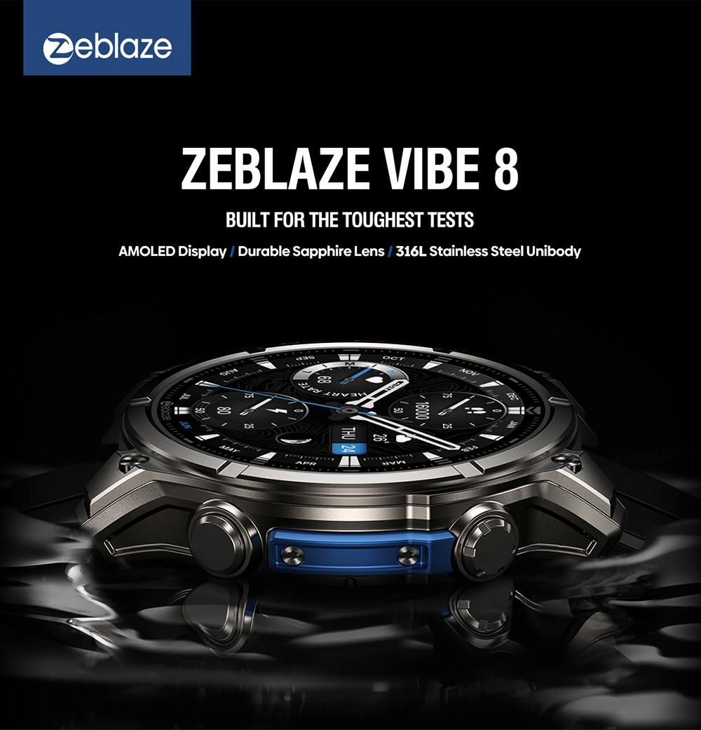 Zeblaze VIBE 8 Rugged Smartwatch, 1.43 inch AMOLED Display, Heart Rate & Sleep Monitoring, 100+ Workout Modes, Up to 60 Days Battery Life - Black